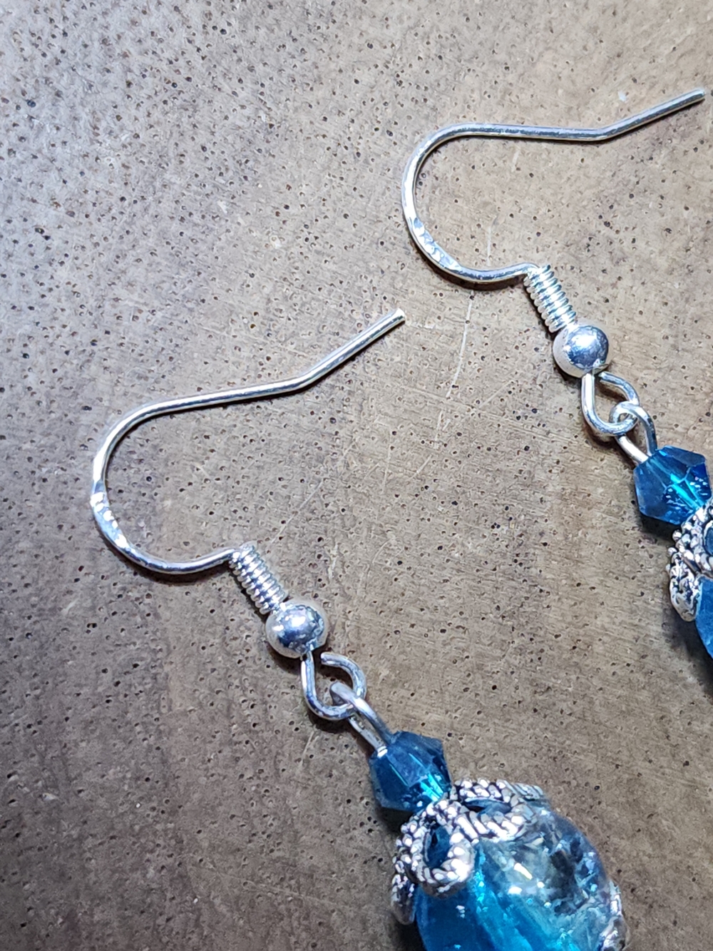 Hand Crafted Dangle Earrings With Crackled Blue & Clear Beads - Picture 8 of 9